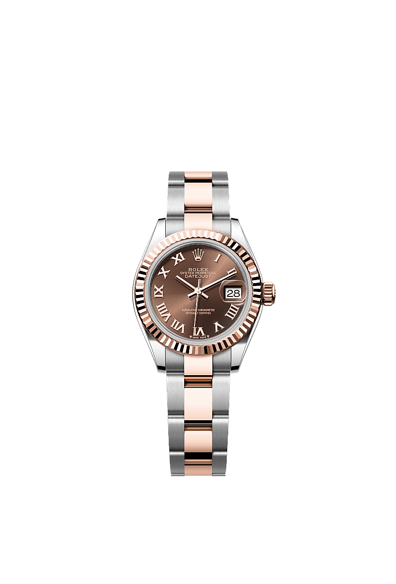Lady-Datejust, Oyster, 28 mm, aço Oystersteel e ouro Everose, Mostrador : Chocolate, Rolex
