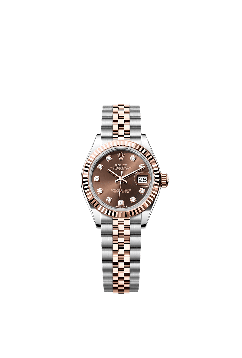Lady-Datejust, Oyster, 28 mm, Oystersteel en Everose-goud, Wijzerplaat : Chocoladebruin bezet met diamanten, Rolex