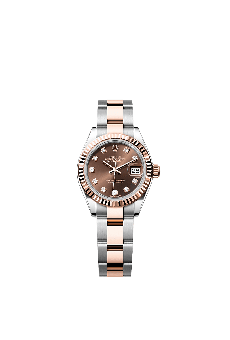 Lady-Datejust, Oyster 28 mm, acier Oystersteel et or Everose, Cadran : Chocolat, serti de diamants, Rolex
