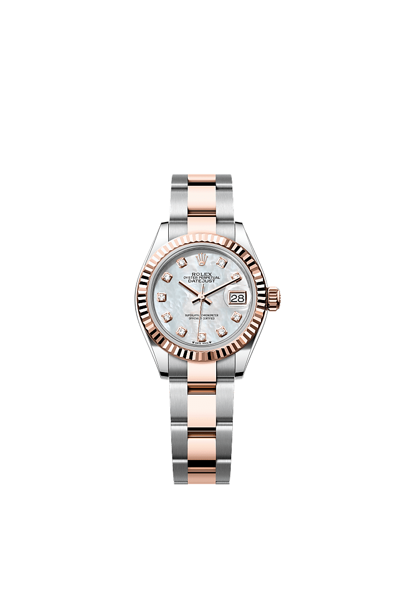 Lady-Datejust, Oyster, 28 mm, acciaio Oystersteel e oro Everose, Quadrante : In madreperla bianca con diamanti, Rolex