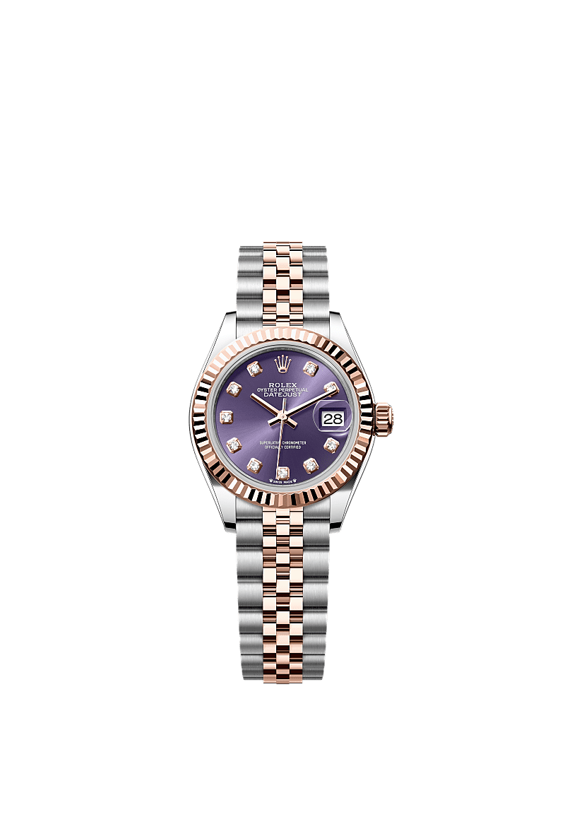 Lady-Datejust, Oyster, 28 mm, Oystersteel en Everose-goud, Wijzerplaat : Auberginekleurig bezet met diamanten, Rolex