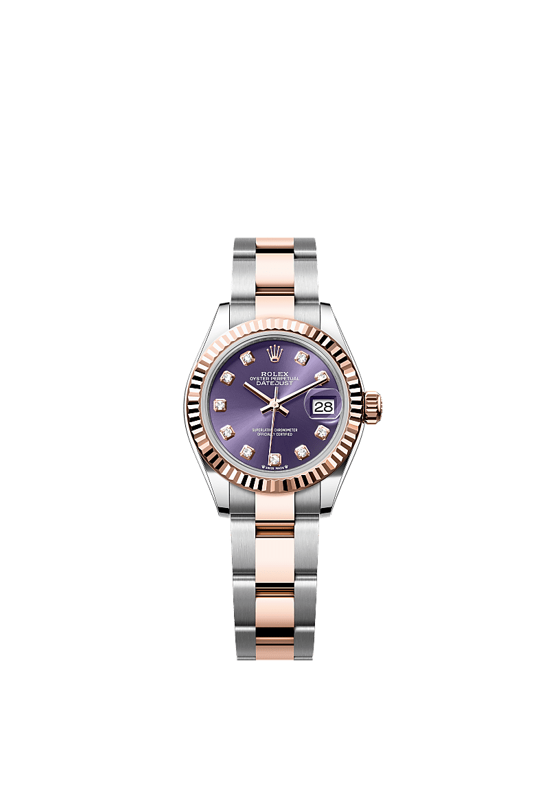 Lady-Datejust, Oyster, 28 mm, aço Oystersteel e ouro Everose, Mostrador : <i>Aubergine</i> cravejado de diamantes, Rolex