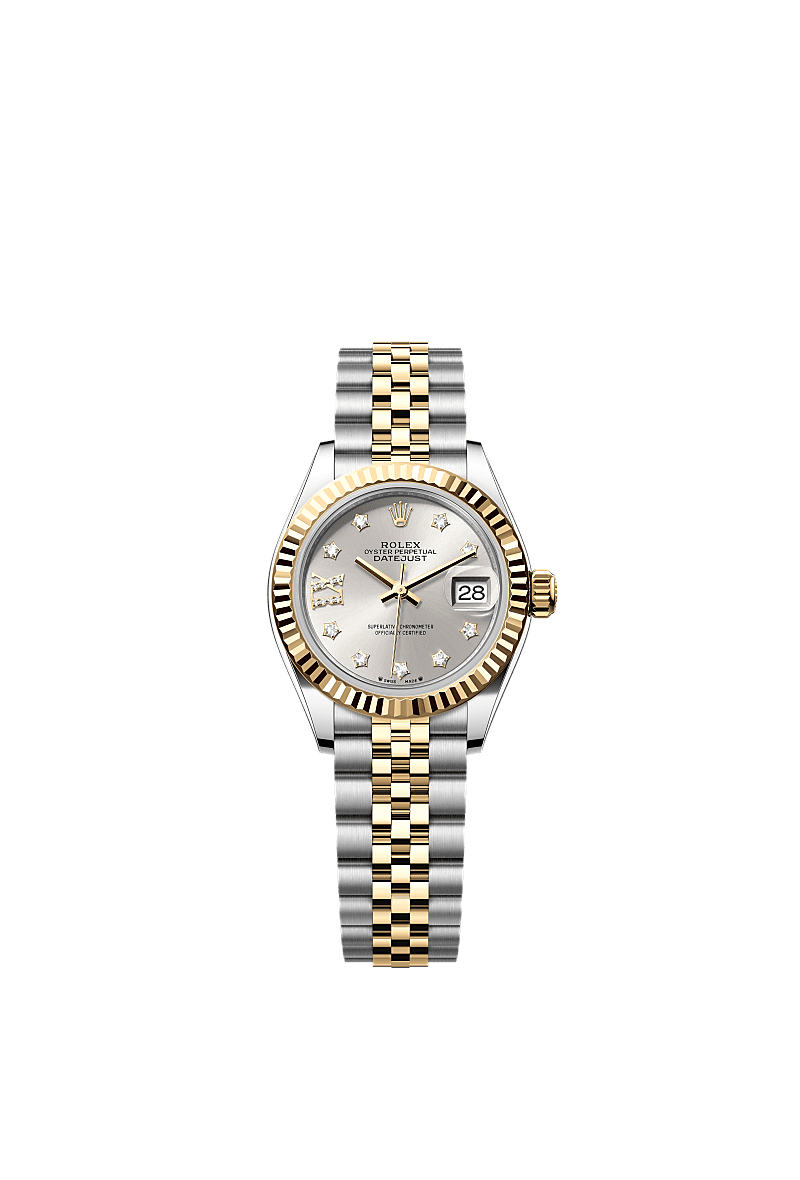 Lady-Datejust, Oyster, 28 mm, aço Oystersteel e ouro amarelo, Mostrador : Prateado cravejado de diamantes, Rolex