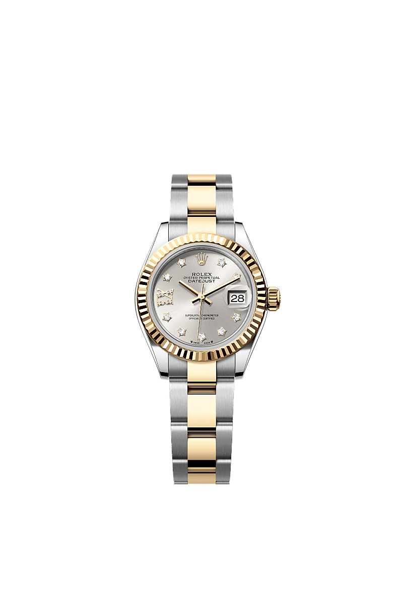 Lady-Datejust, Oyster, 28 mm, acier Oystersteel et or jaune, Cadran : Argenté, serti de diamants, Rolex