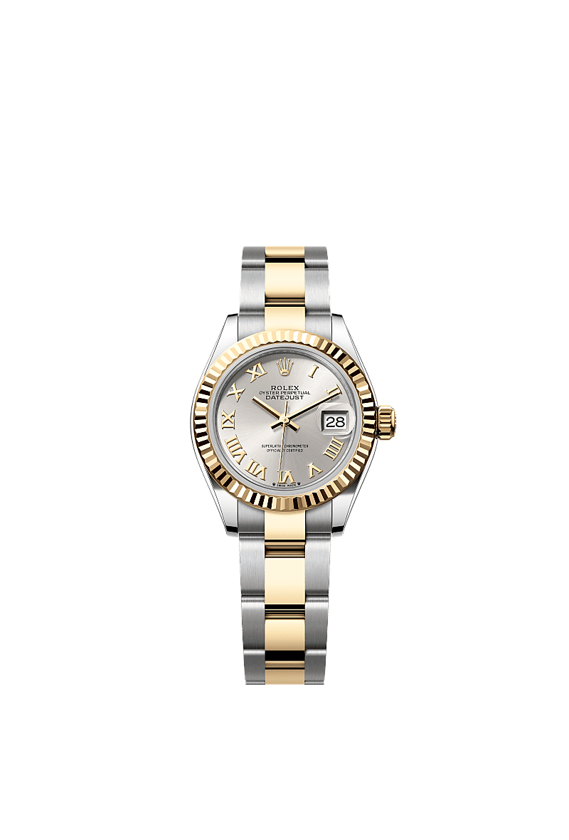 Lady-Datejust, Oyster, 28 mm, acciaio Oystersteel e oro giallo, Quadrante : Argentato, Rolex