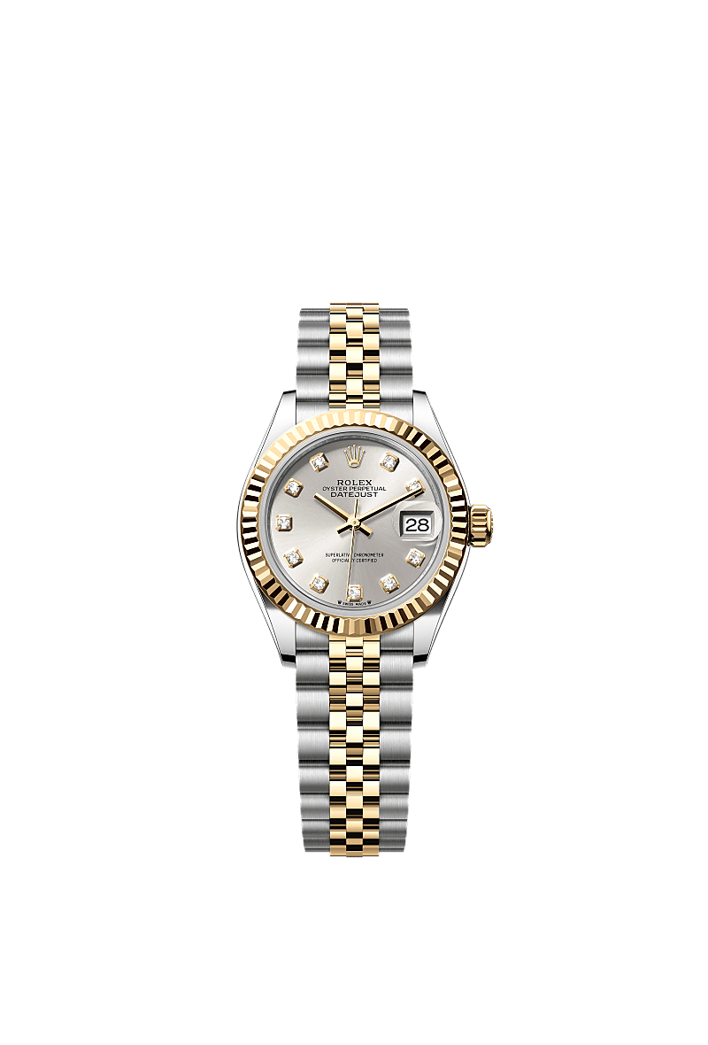 Lady-Datejust, 蠔式，28毫米，黃金及蠔式鋼, 錶面 : 銀色，鑲鑽石, Rolex