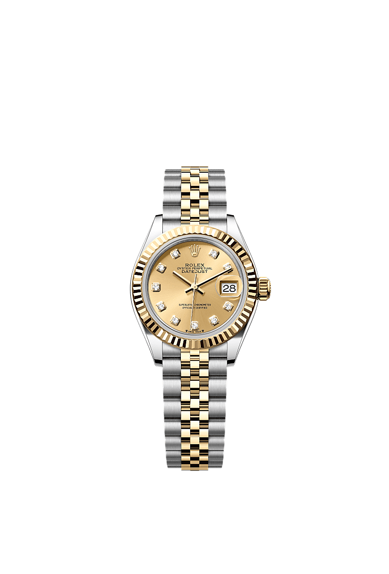 Lady-Datejust, Oyster, 28 mm, aço Oystersteel e ouro amarelo, Mostrador : Cor champagne cravejado de diamantes, Rolex