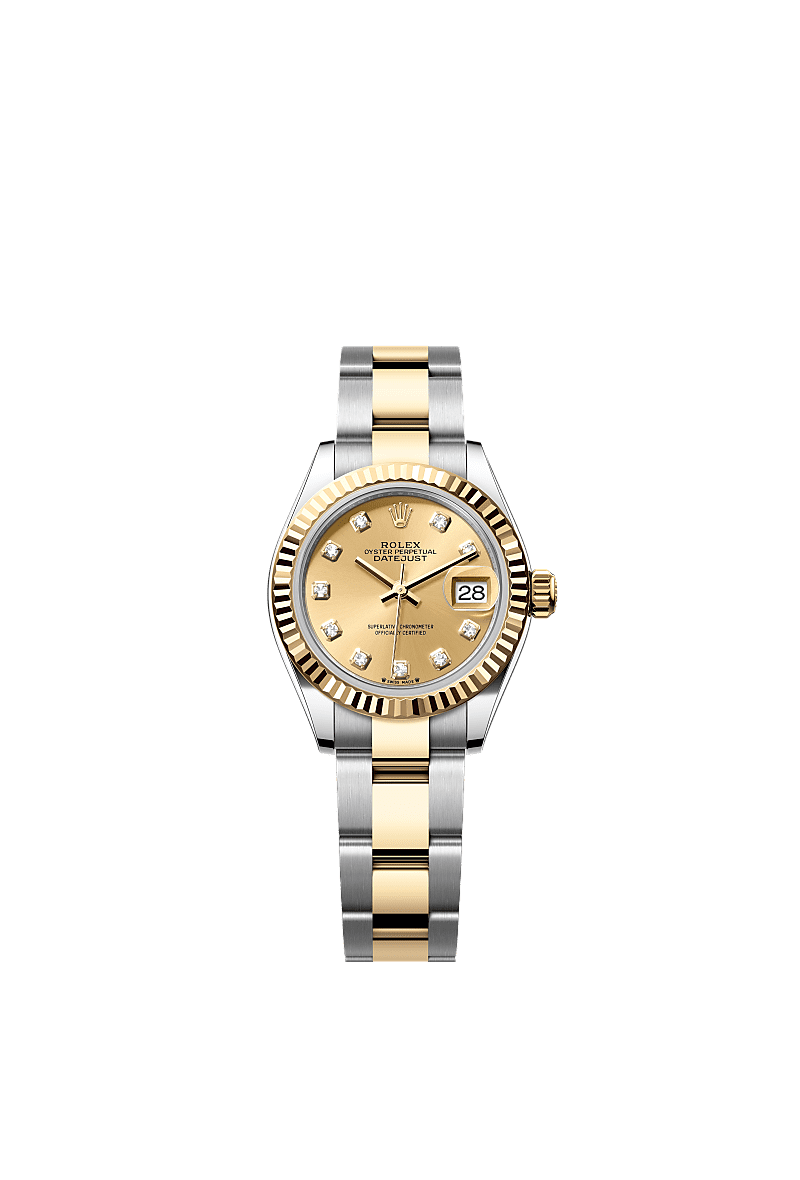 Lady-Datejust, Oyster, 28 mm, Oystersteel dan emas kuning, Dial : Tampilan berwarna sampanye dengan berlian, Rolex