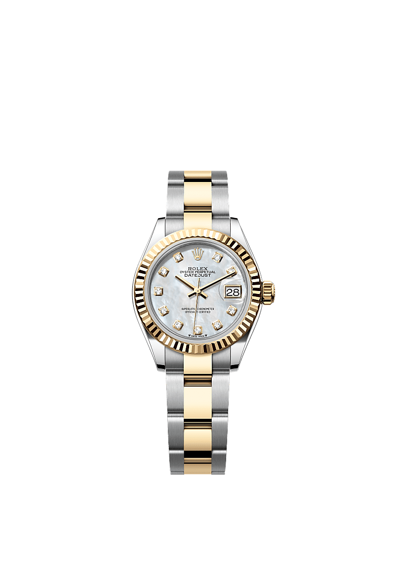Lady-Datejust, Oyster, 28 mm, Oystersteel en geelgoud, Wijzerplaat : Wit parelmoer, bezet met diamanten, Rolex