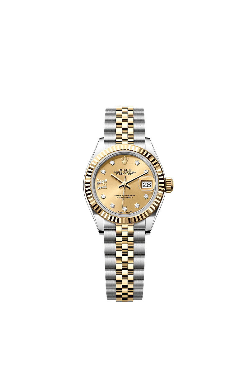 Lady-Datejust, Oyster, 28 mm, Edelstahl Oystersteel und Gelbgold, Zifferblatt : Champagnerfarben mit Diamanten, Rolex