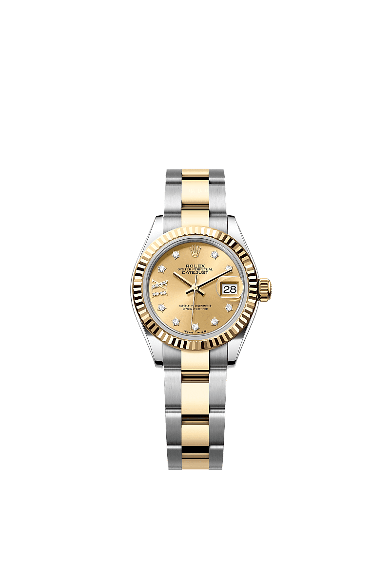 Lady-Datejust, Oyster, 28 mm, Oystersteel dan emas kuning, Permukaan : Warna Champagne dipasangkan dengan berlian, Rolex