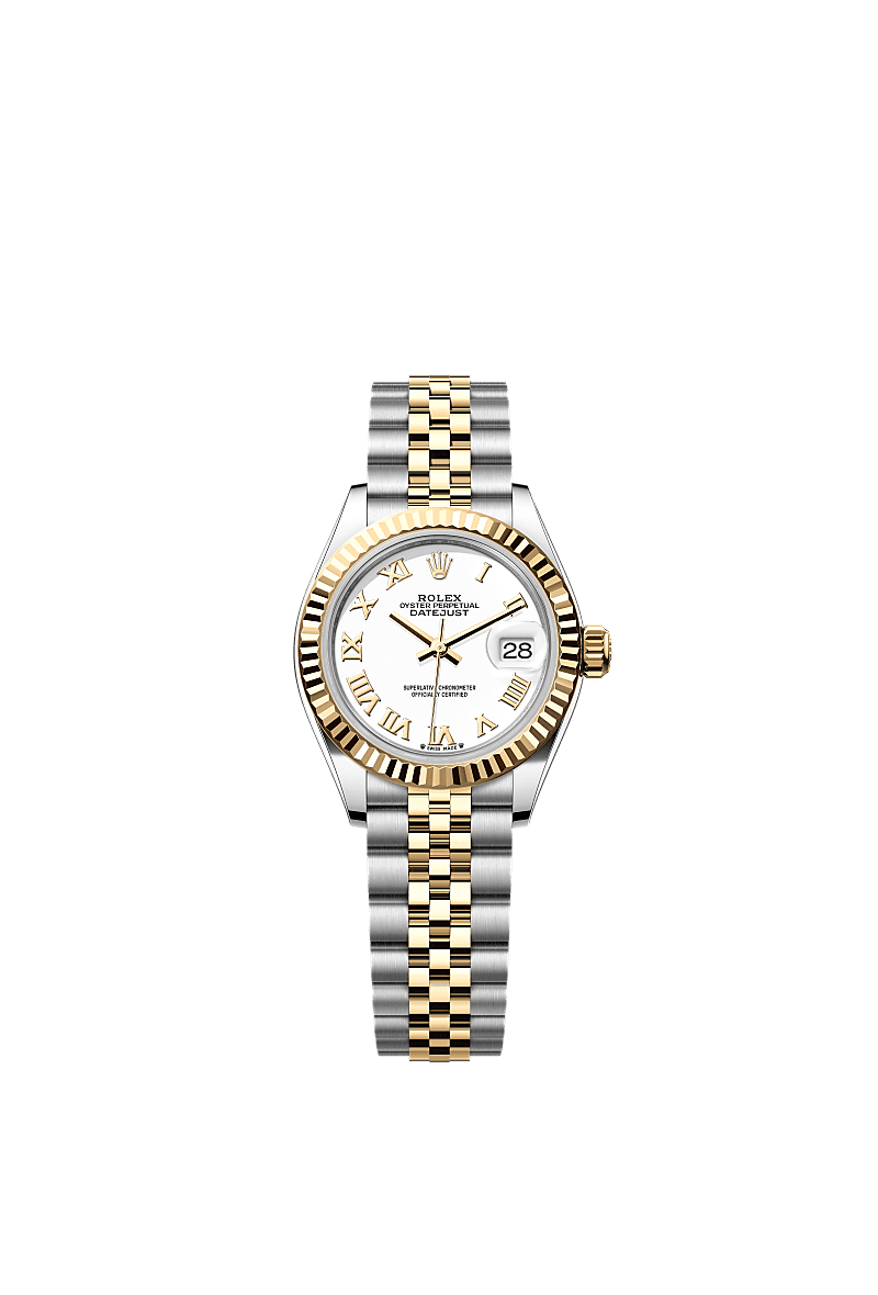 Lady-Datejust, Oyster, 28 mm, aço Oystersteel e ouro amarelo, Mostrador : Branco, Rolex