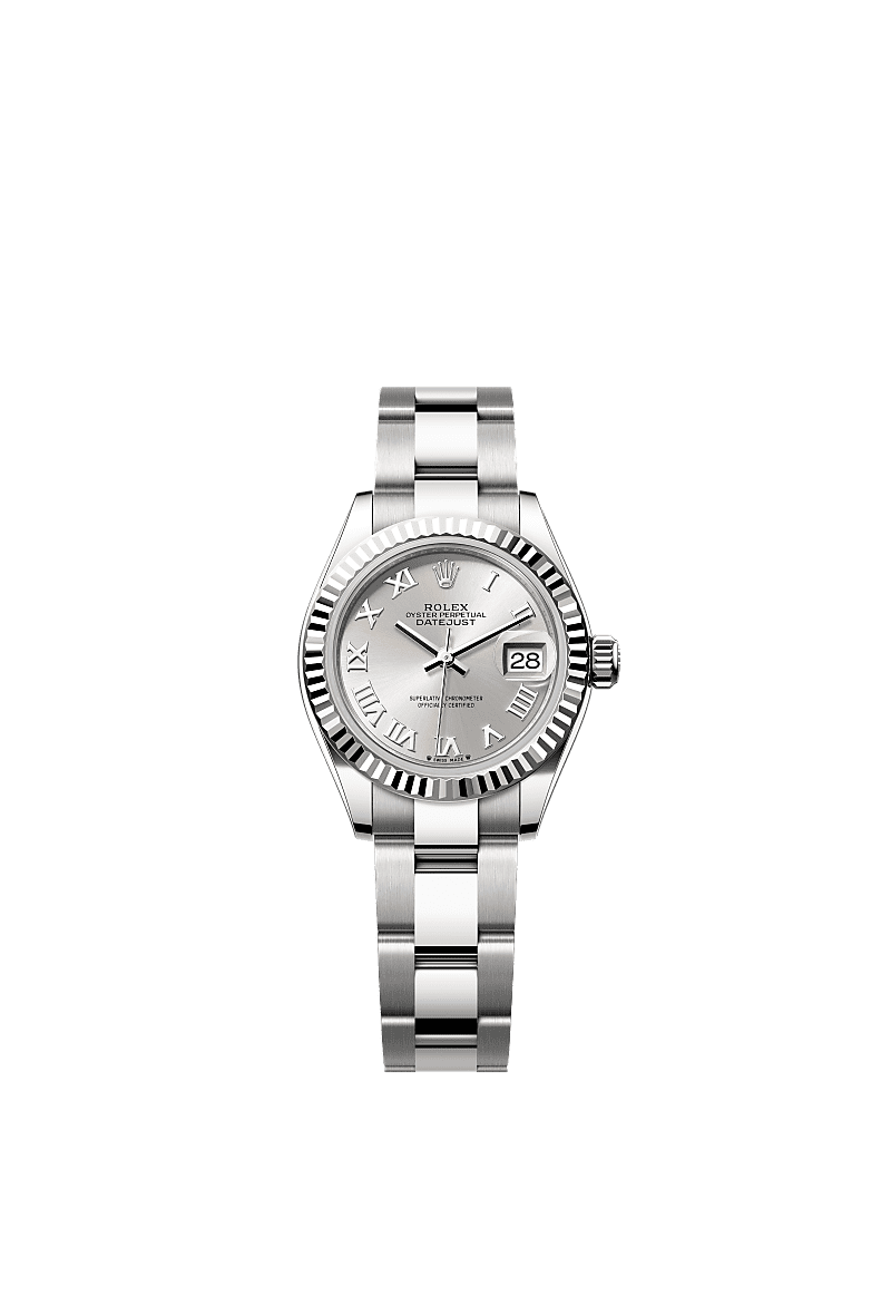 Lady-Datejust, Oyster, 28 mm, acciaio Oystersteel e oro bianco, Quadrante : Argentato, Rolex