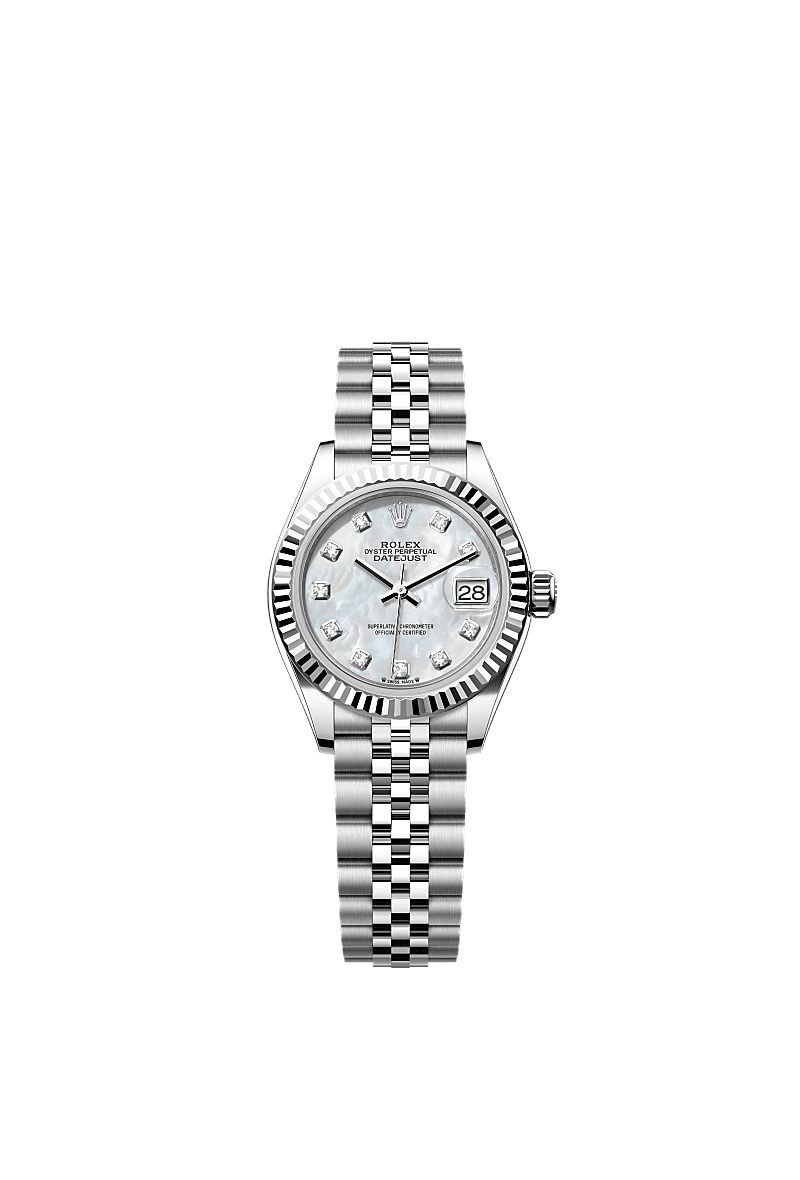 Lady-Datejust, Oyster, 28 mm, aço Oystersteel e ouro branco, Mostrador : Madrepérola branca cravejado de diamantes, Rolex