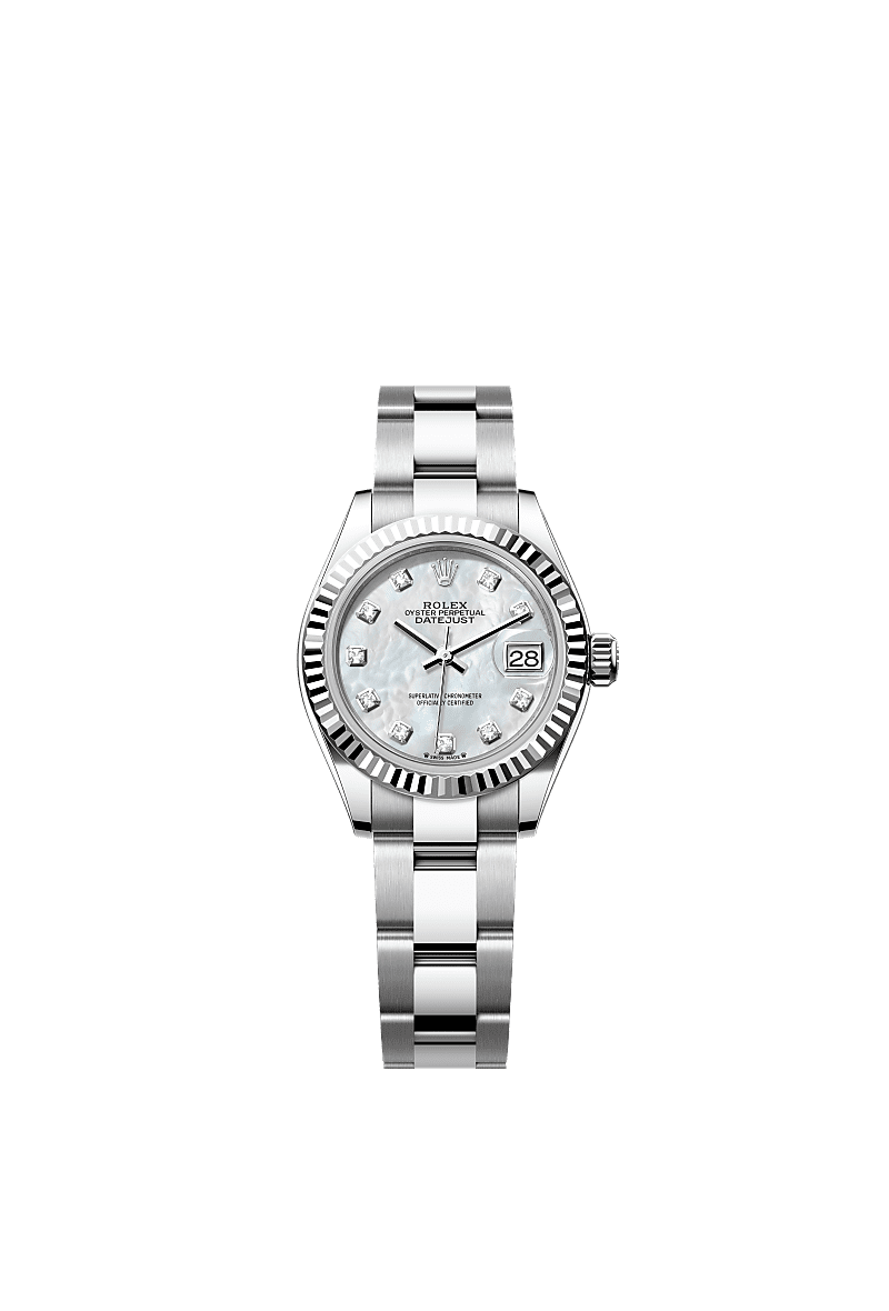 Lady-Datejust, Oyster, 28 mm, aço Oystersteel e ouro branco, Mostrador : Madrepérola branca cravejado de diamantes, Rolex
