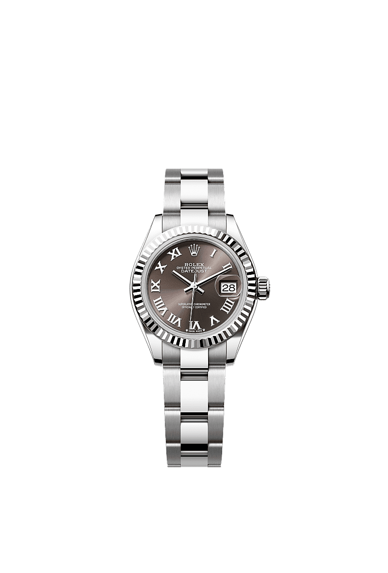 Lady-Datejust, Oyster, 28 mm, Oystersteel dan emas putih, Permukaan : Kelabu tua, Rolex