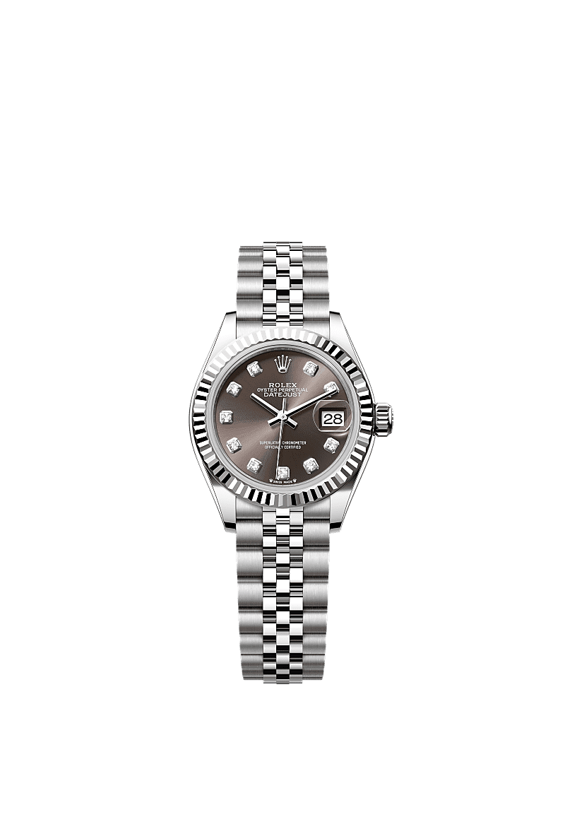 Lady-Datejust, 蠔式，28毫米，白色黃金及蠔式鋼, 錶面 : 深灰色，鑲鑽石, Rolex