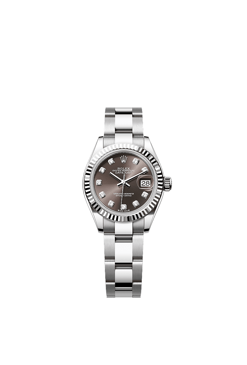 Lady-Datejust, Oyster, 28 mm, acero Oystersteel y oro blanco, Esfera : «Dark grey» engastada de diamantes, Rolex