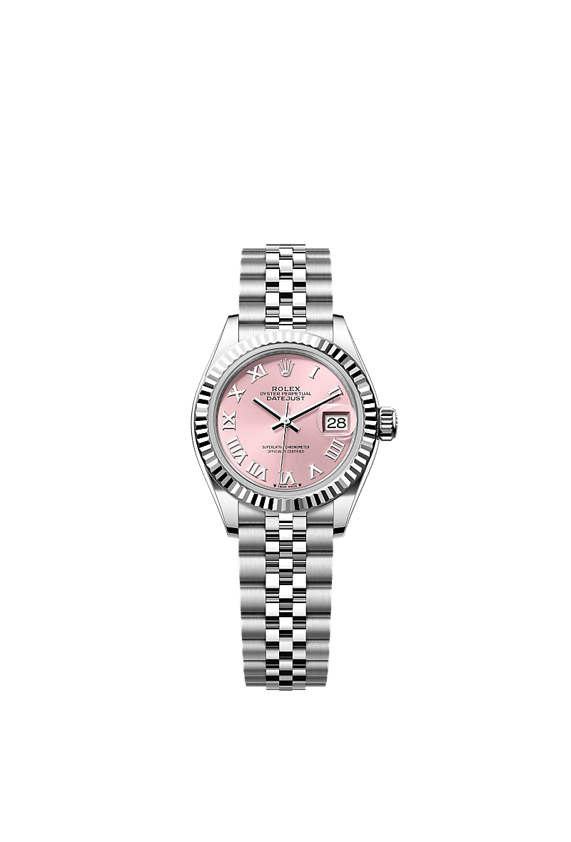 Lady-Datejust, Oyster, 28 mm, Oystersteel dan emas putih, Permukaan : Merah jambu, Rolex
