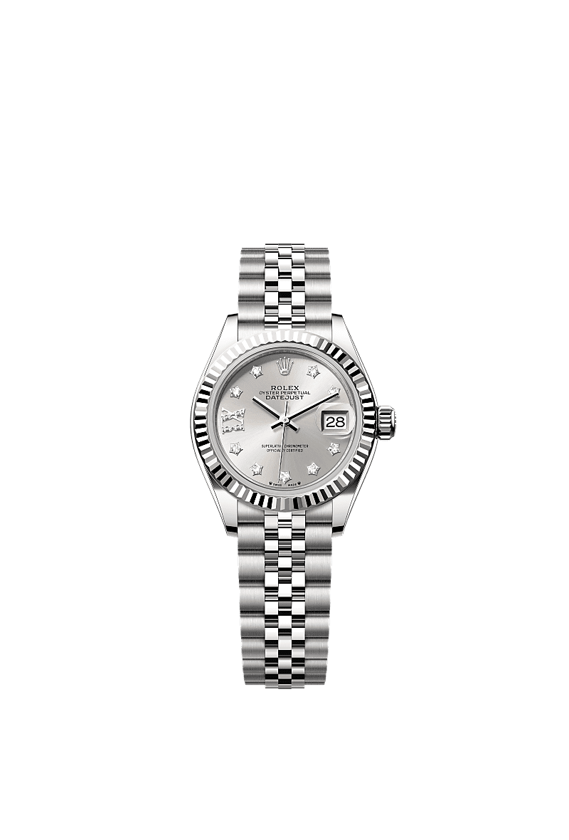 Lady-Datejust, Oyster, 28 mm, Oystersteel dan emas putih, Permukaan : Perak dipasangkan dengan berlian, Rolex