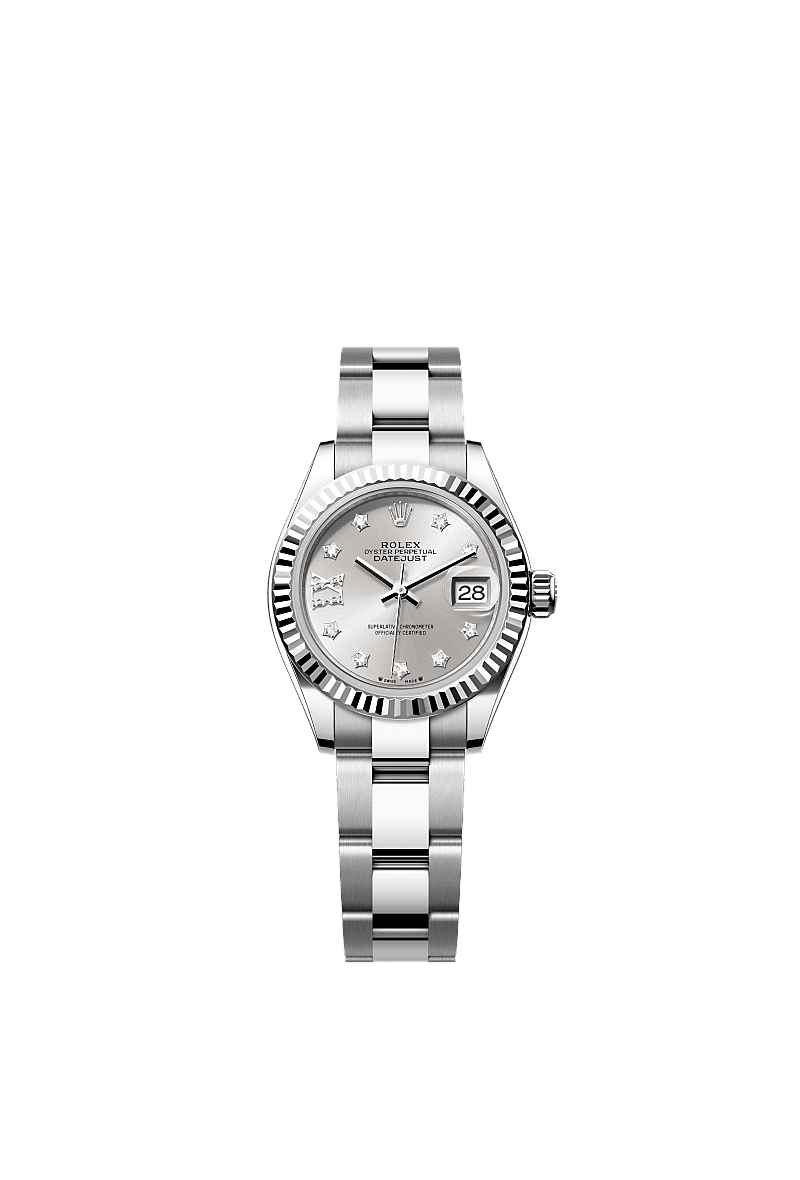 Lady-Datejust, Oyster, 28 mm, acier Oystersteel et or gris, Cadran : Argenté, serti de diamants, Rolex