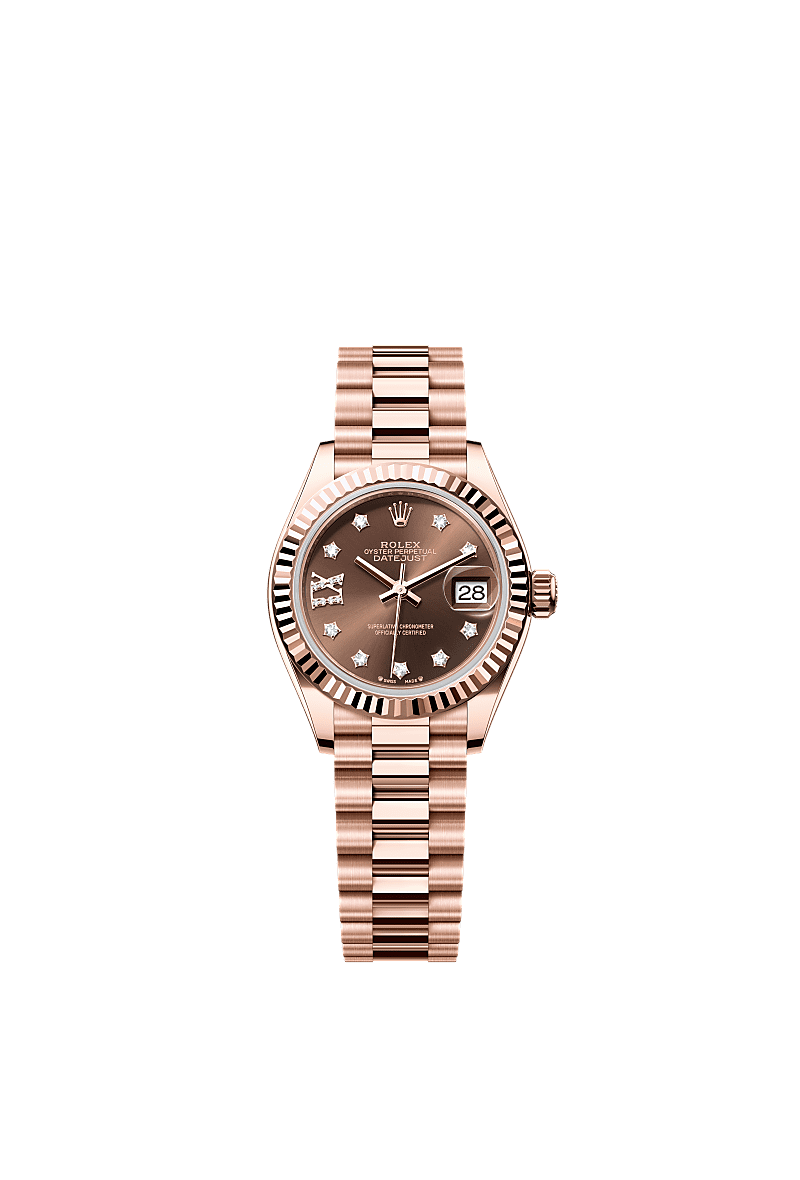 Lady-Datejust, 蠔式,28毫米,永恒玫瑰金, 錶面 : 巧克力色,鑲鑽石, Rolex