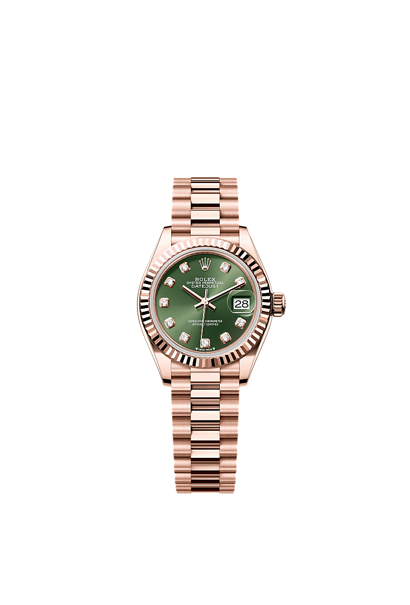 Lady-Datejust, Oyster, 28 mm, Everose gold, Dial : Olive green set with diamonds, Rolex