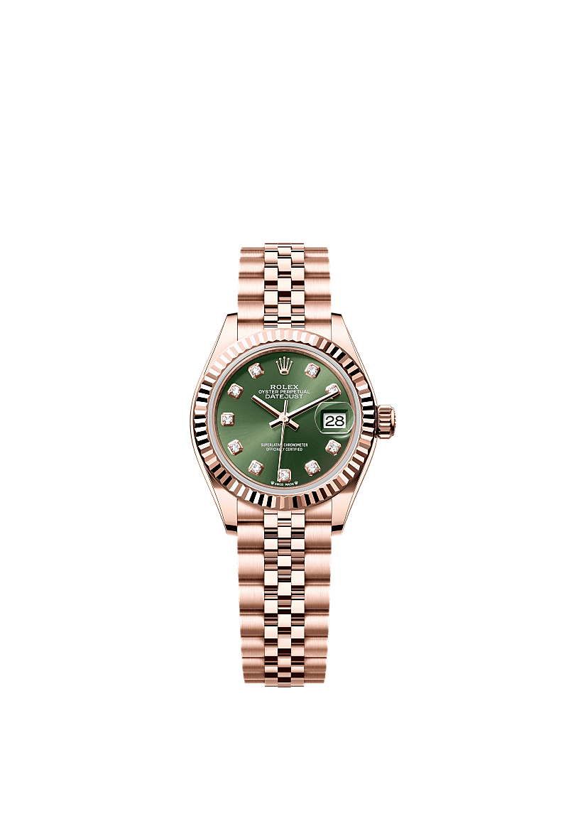 Lady-Datejust, Oyster, 28 mm, vàng Everose, Mặt đồng hồ : Bộ oliu xanh nạm kim cương, Rolex