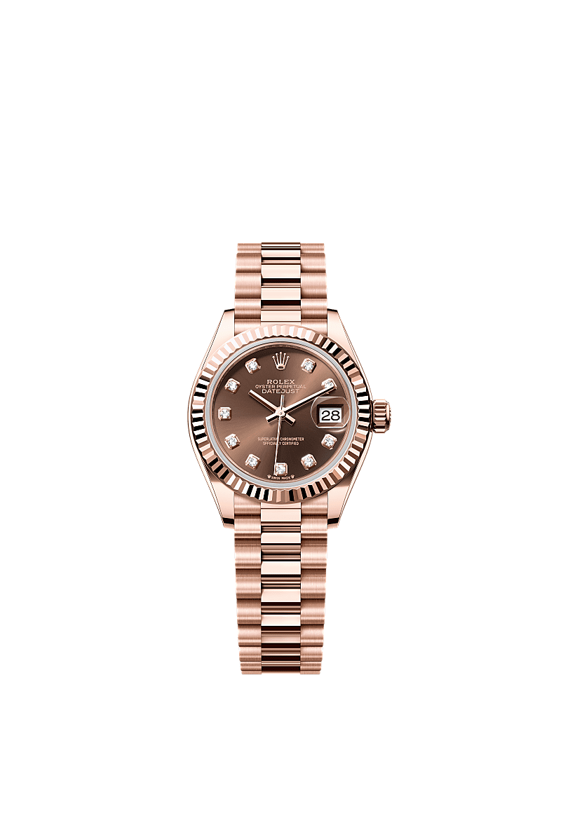 Lady-Datejust, 蠔式,28毫米,永恒玫瑰金, 錶面 : 巧克力色,鑲鑽石, Rolex