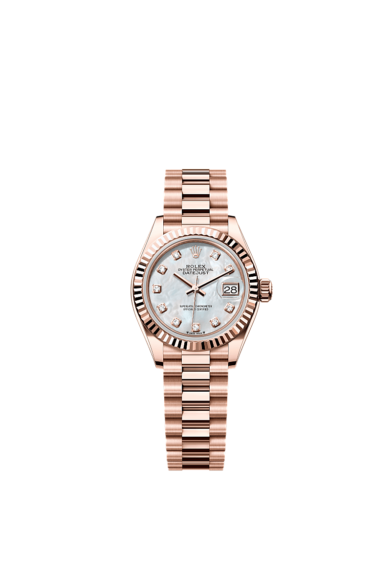 Lady-Datejust, Oyster, 28 mm, ouro Everose, Mostrador : Madrepérola branca cravejado de diamantes, Rolex