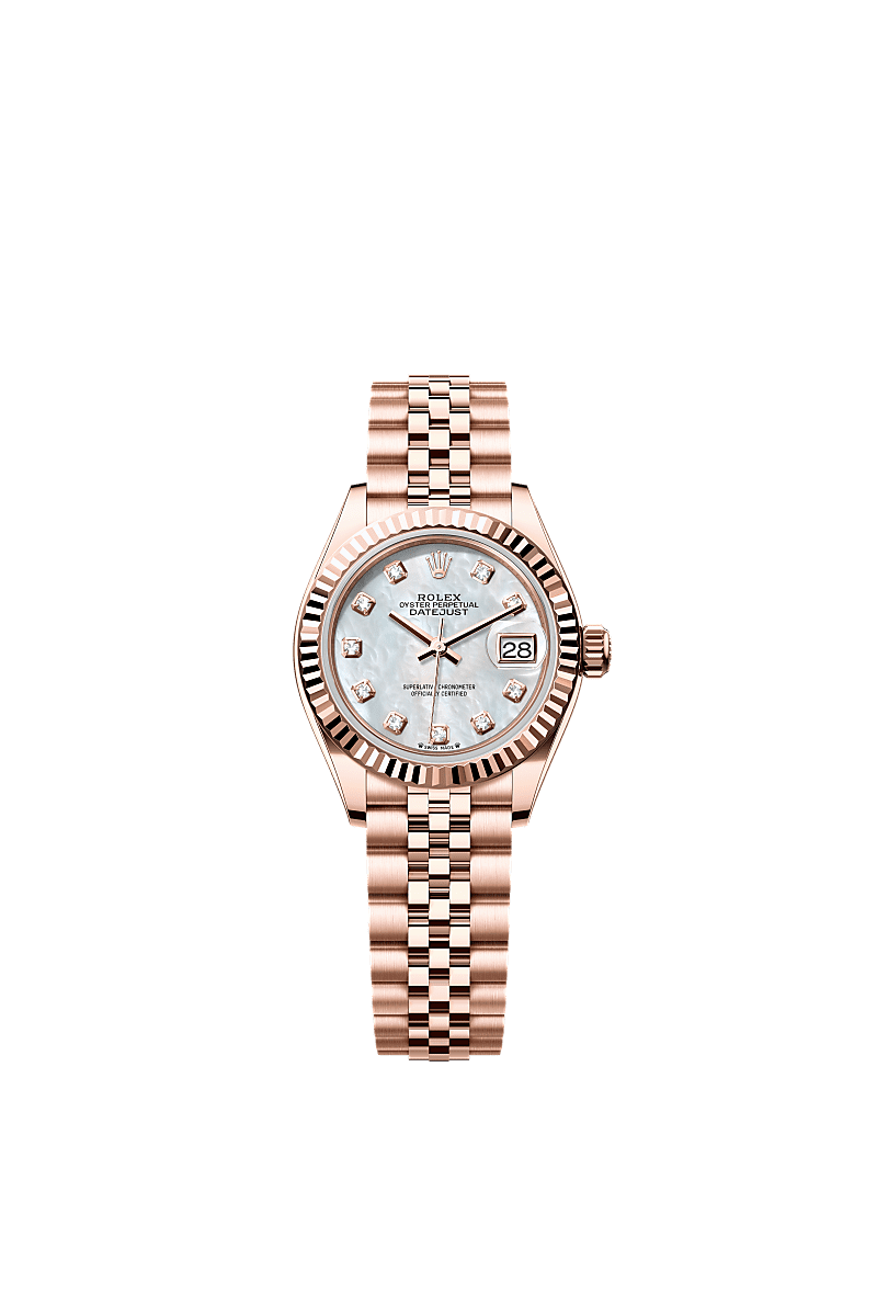 Lady-Datejust, Oyster, 28 mm, Everose-goud, Wijzerplaat : Wit parelmoer, bezet met diamanten, Rolex