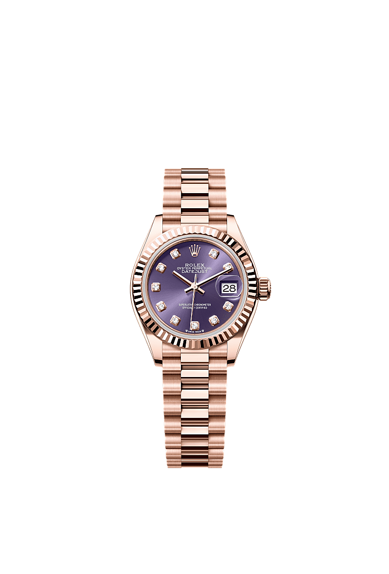 Lady-Datejust, Oyster, 28 mm, emas Everose, Dial : Tampilan aubergine dengan berlian, Rolex