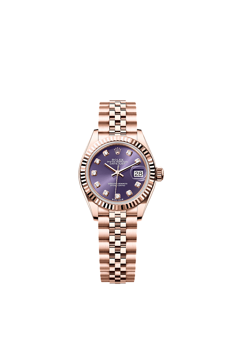 Lady-Datejust, Oyster, 28 mm, emas Everose, Permukaan : Ungu terung bertatahkan berlian, Rolex