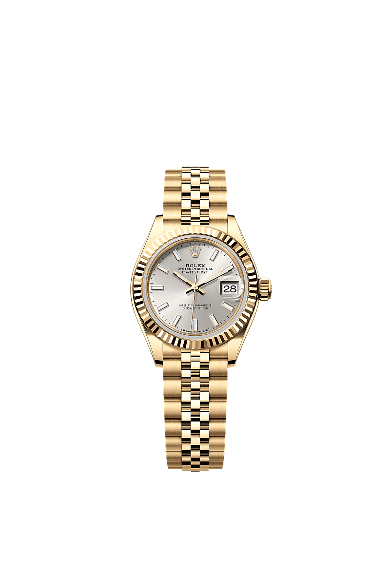 Lady-Datejust, Oyster, 28 mm, oro giallo, Quadrante : Argentato, Rolex