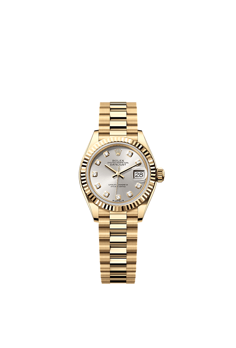 Lady-Datejust, 蠔式，28毫米，黃金, 錶面 : 銀色，鑲鑽石, Rolex