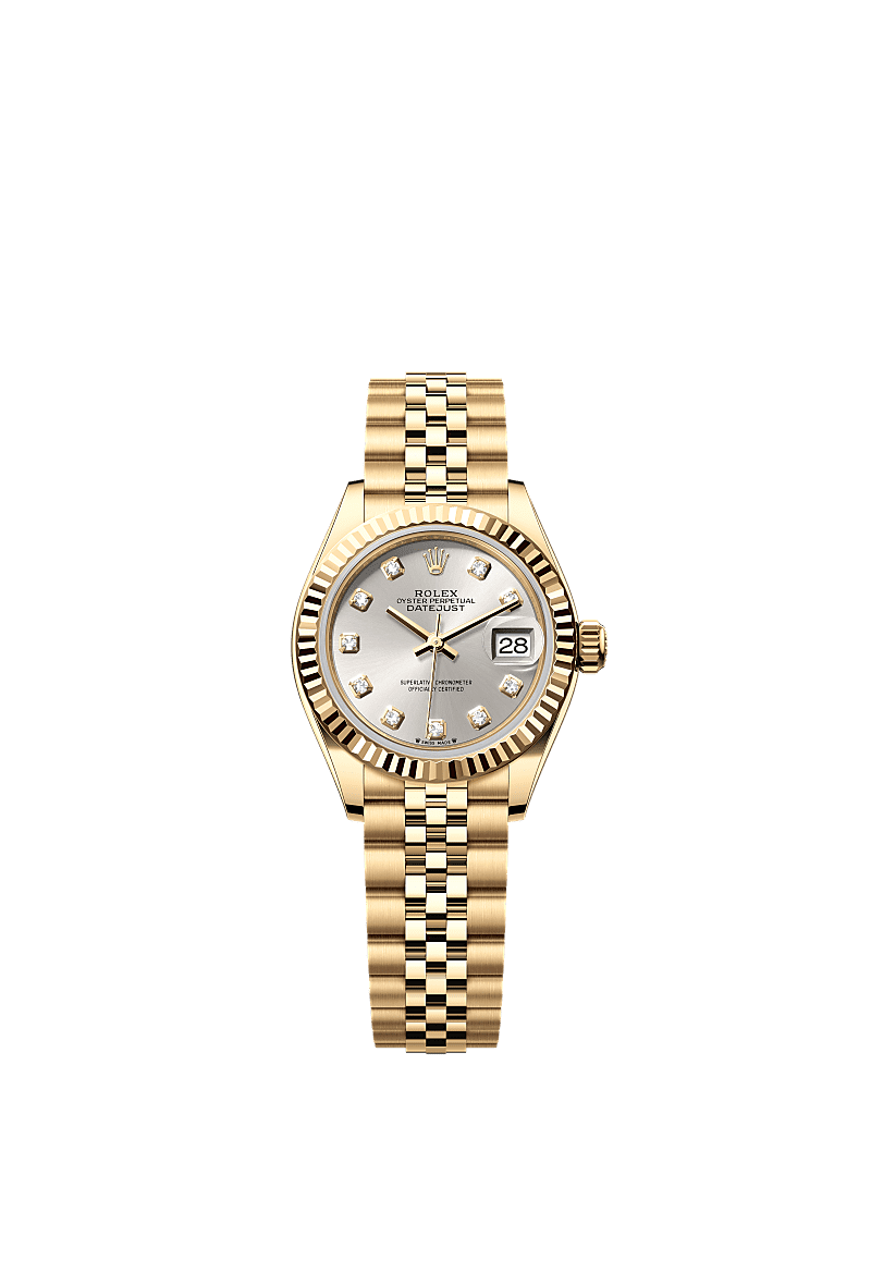 Lady-Datejust, Oyster, 28 mm, emas kuning, Permukaan : Perak dipasangkan dengan berlian, Rolex