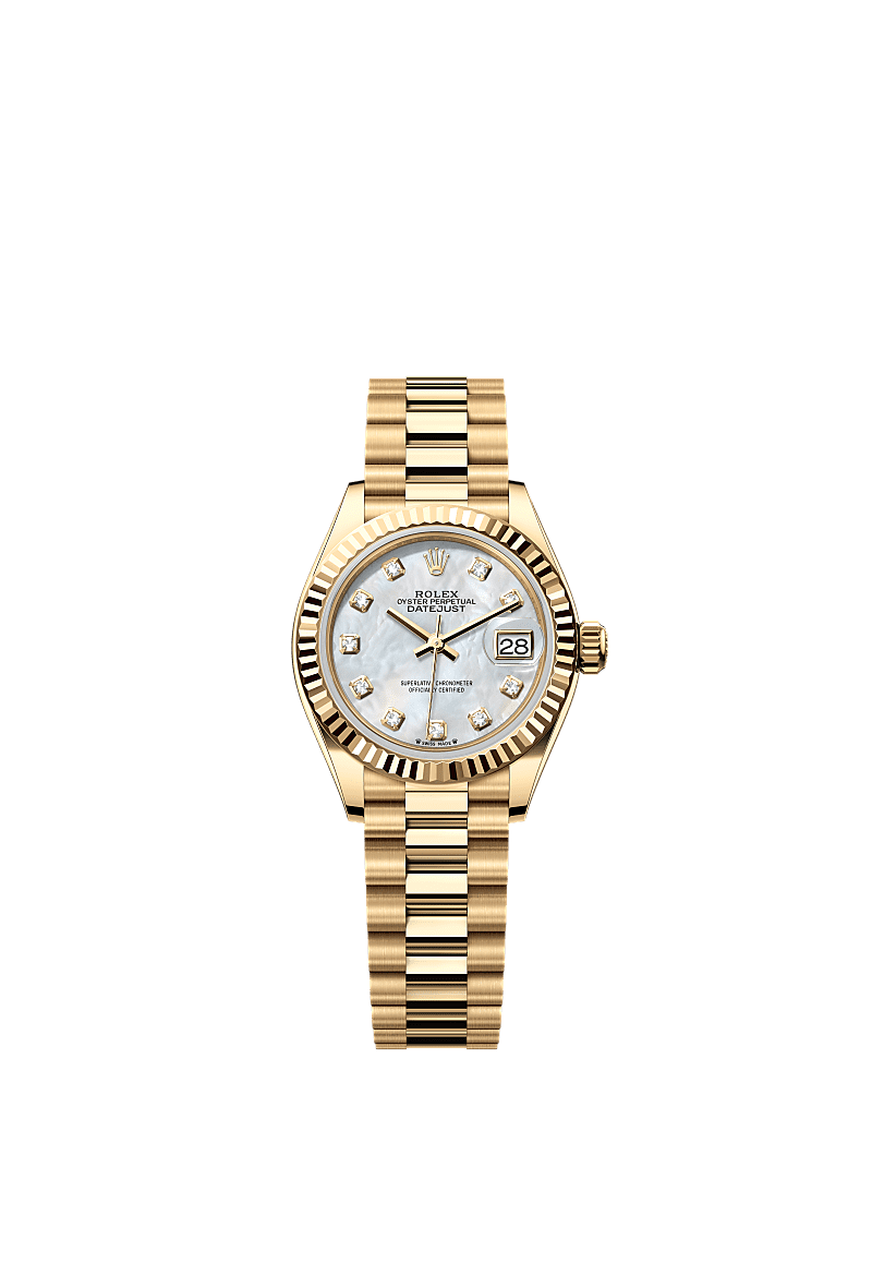 Lady-Datejust, Oyster, 28 mm, sarı altın, Kadran : Pırlantalı beyaz sedef, Rolex