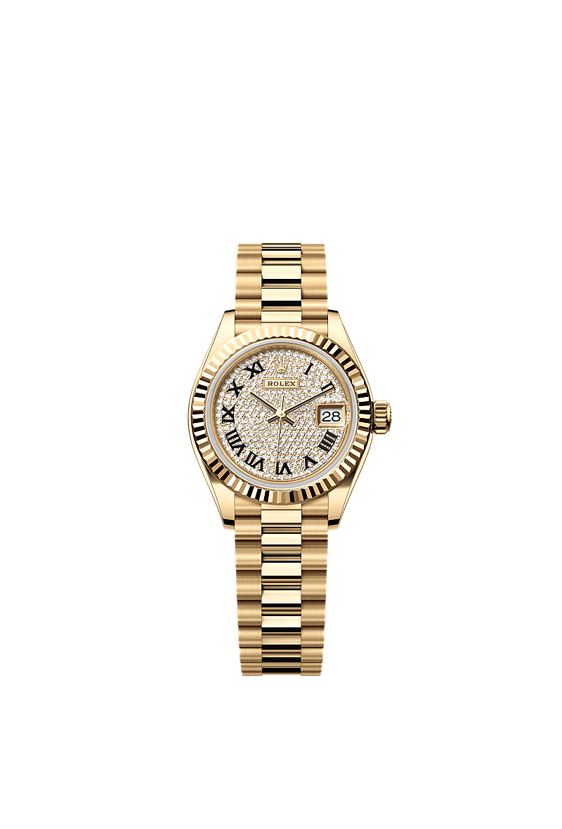 Lady-Datejust, Oyster, 28 mm, geelgoud, Wijzerplaat : Belegd met diamanten, Rolex