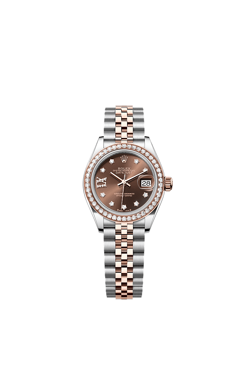 Lady-Datejust, Oyster, 28 mm, Oystersteel, Everose-goud en diamanten, Wijzerplaat : Chocoladebruin bezet met diamanten, Rolex
