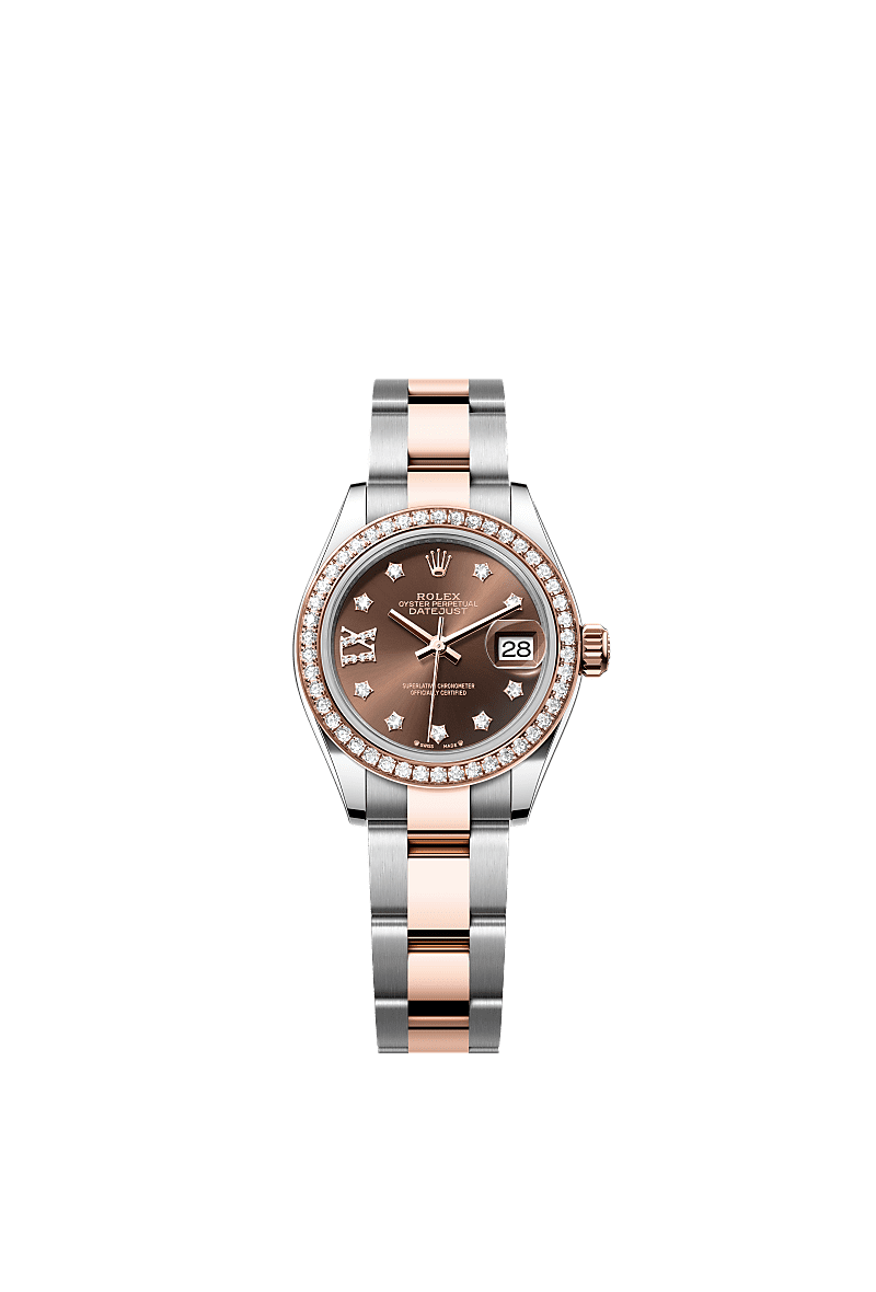 Lady-Datejust, 蠔式,28毫米,鑽石、永恒玫瑰金及蠔式鋼, 錶面 : 巧克力色,鑲鑽石, Rolex
