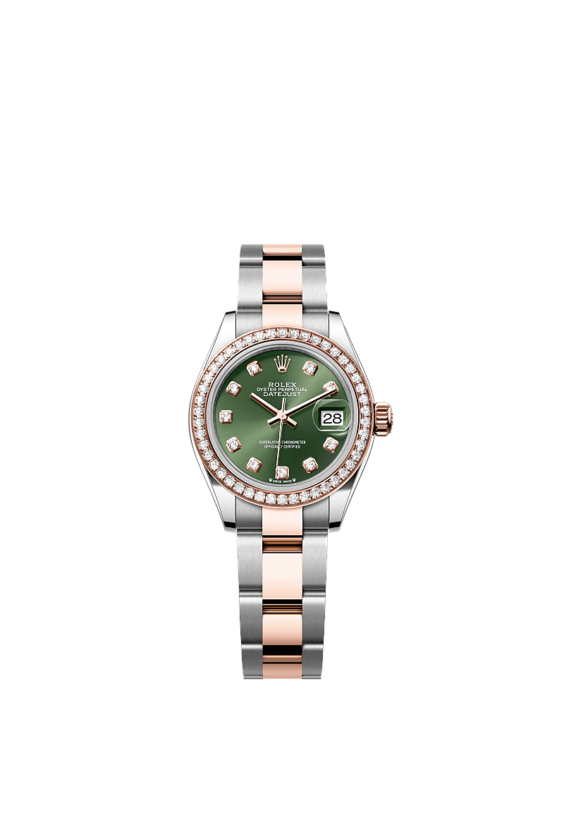 Lady-Datejust, Oyster, 28 mm, acciaio Oystersteel, oro Everose e diamanti, Quadrante : Verde oliva con diamanti, Rolex