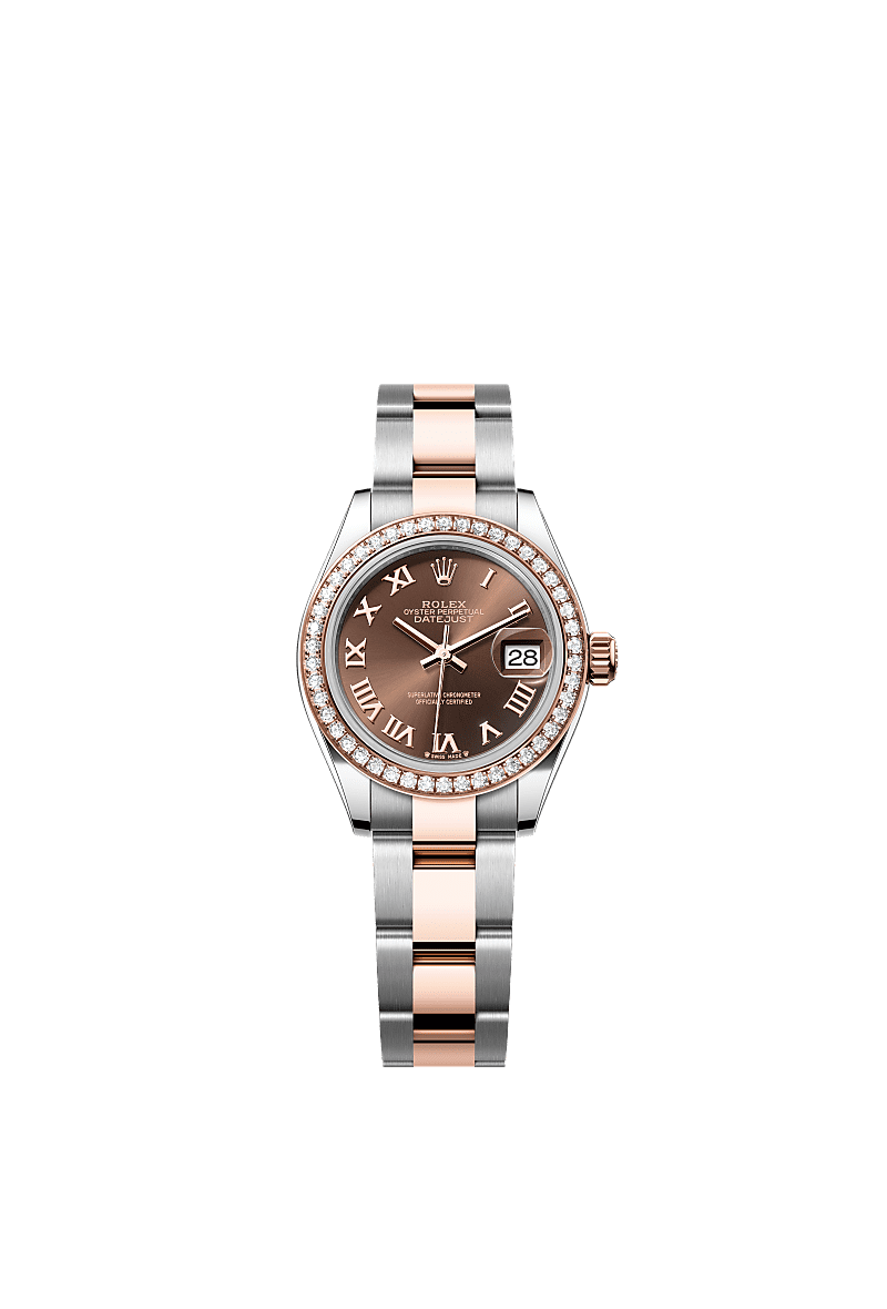Lady-Datejust, Oyster, 28 mm, stal Oystersteel, różowe złoto Everose i brylanty, Tarcza : Kolor czekoladowy, Rolex