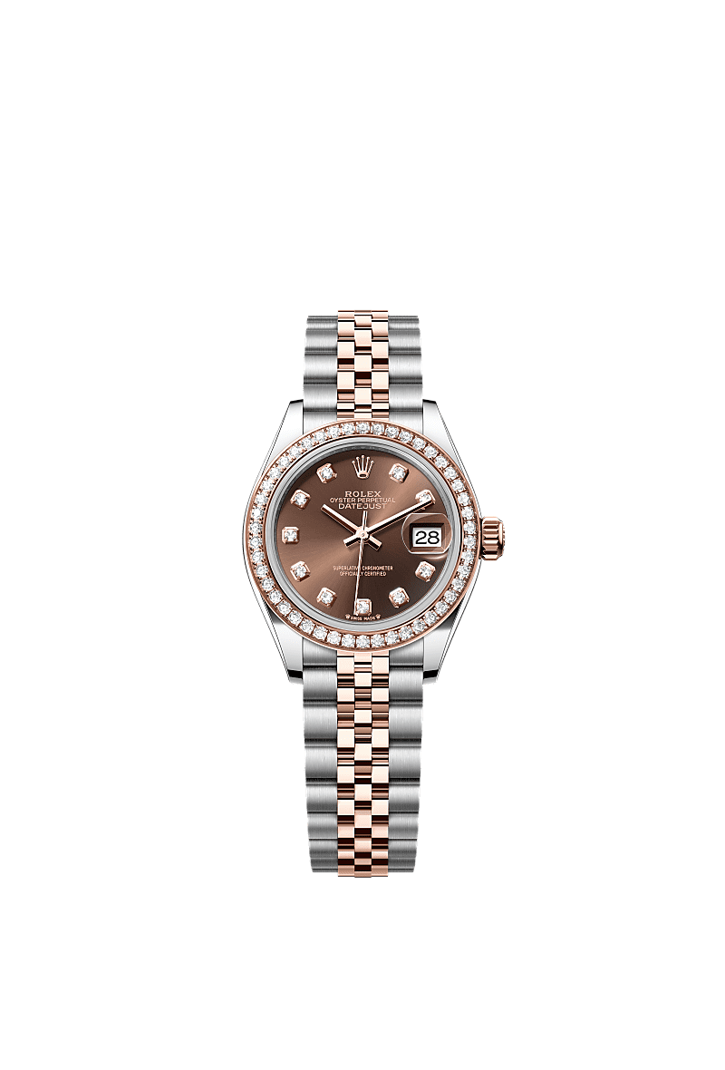 Lady-Datejust, Oyster, 28 mm, Oystersteel, Everose gold and diamonds, Dial : Chocolate set with diamonds, Rolex