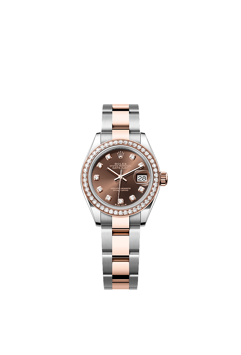 Lady-Datejust, 蠔式,28毫米,鑽石、永恒玫瑰金及蠔式鋼, 錶面 : 巧克力色,鑲鑽石, Rolex