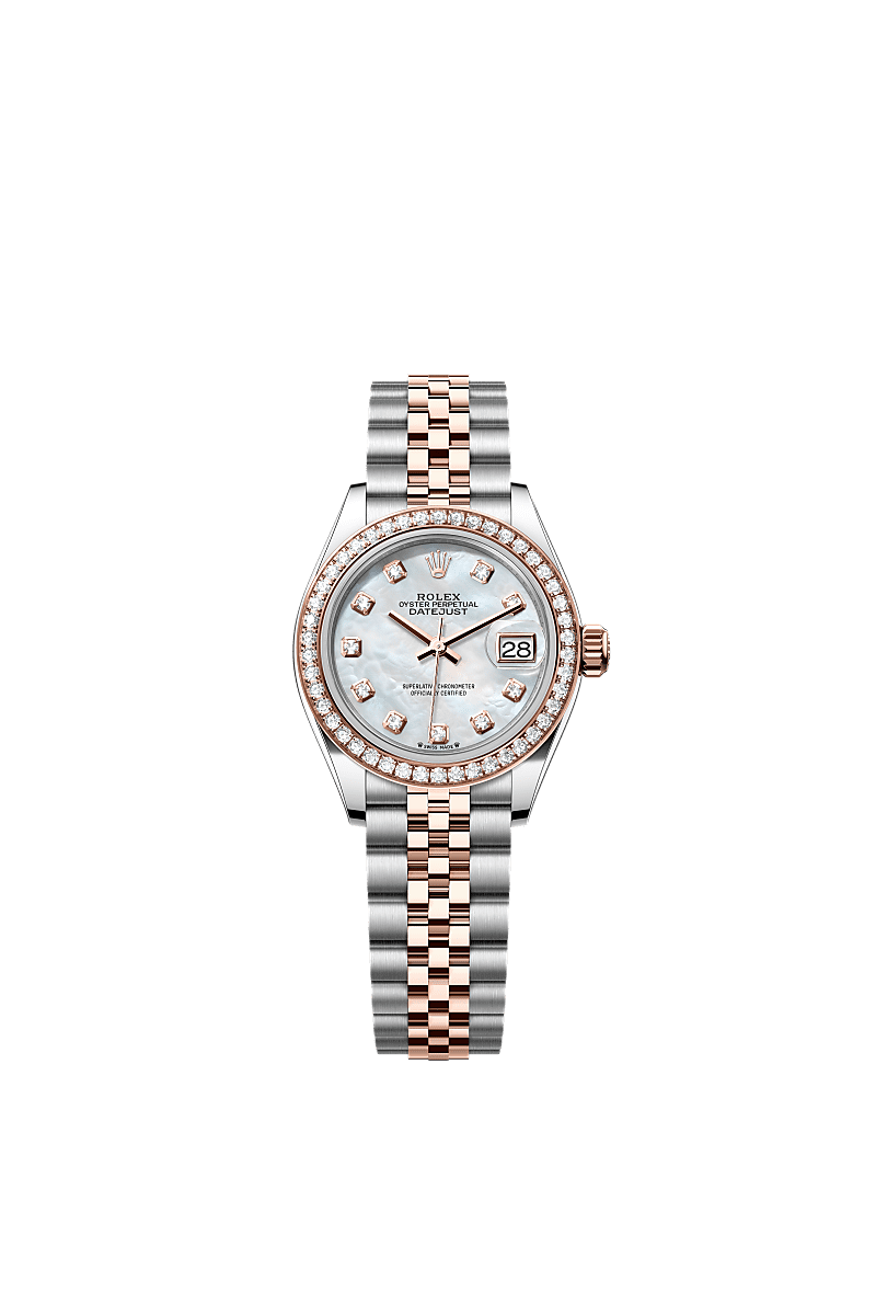Lady-Datejust, Oyster, 28 mm, acier Oystersteel, or Everose et diamants, Cadran : Nacre blanche, serti de diamants, Rolex