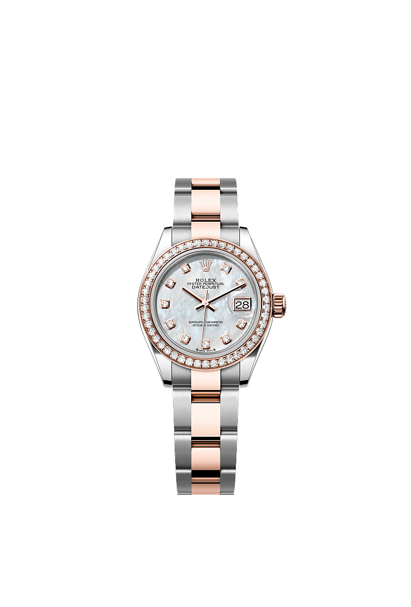 Lady-Datejust, Oyster, 28 mm, Oystersteel, Everose-goud en diamanten, Wijzerplaat : Wit parelmoer, bezet met diamanten, Rolex