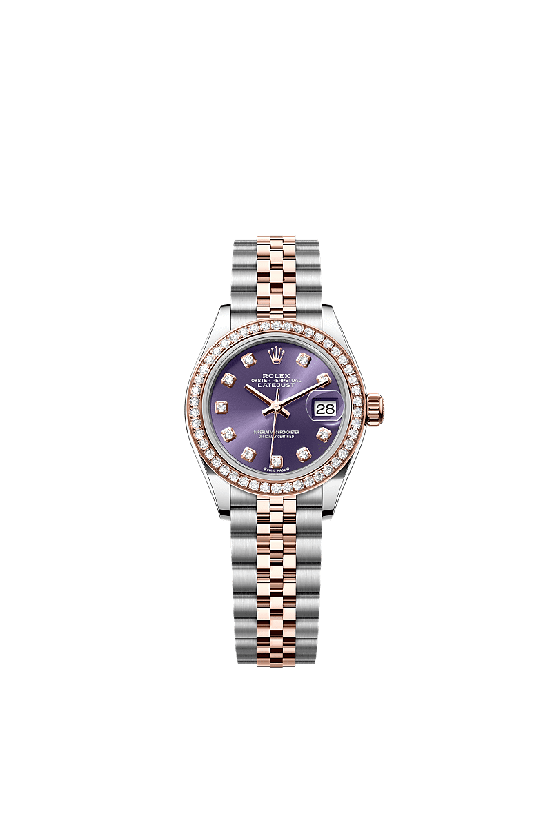 Lady-Datejust, Oyster, 28 mm, acier Oystersteel, or Everose et diamants, Cadran : Aubergine, serti de diamants, Rolex
