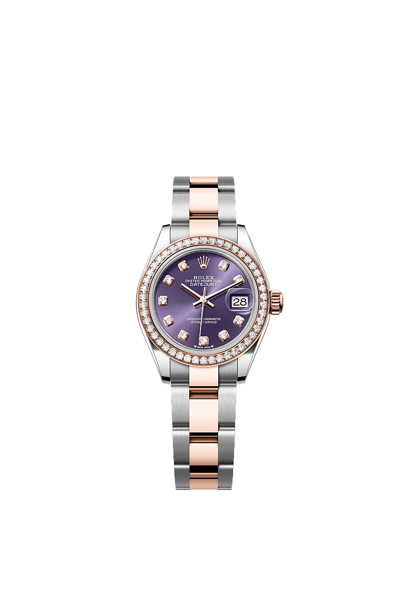 Lady-Datejust, Oyster, 28 mm, Oystersteel, Everose gold and diamonds, Dial : Aubergine set with diamonds, Rolex