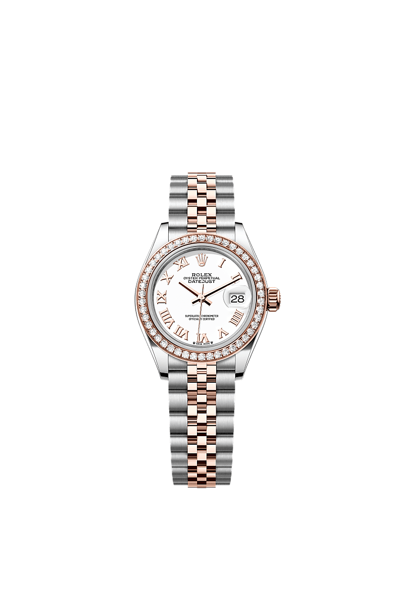 Lady-Datejust, 오이스터, 28mm, 오이스터스틸, 에버로즈 골드와 다이아몬드, 다이얼 : 화이트, Rolex