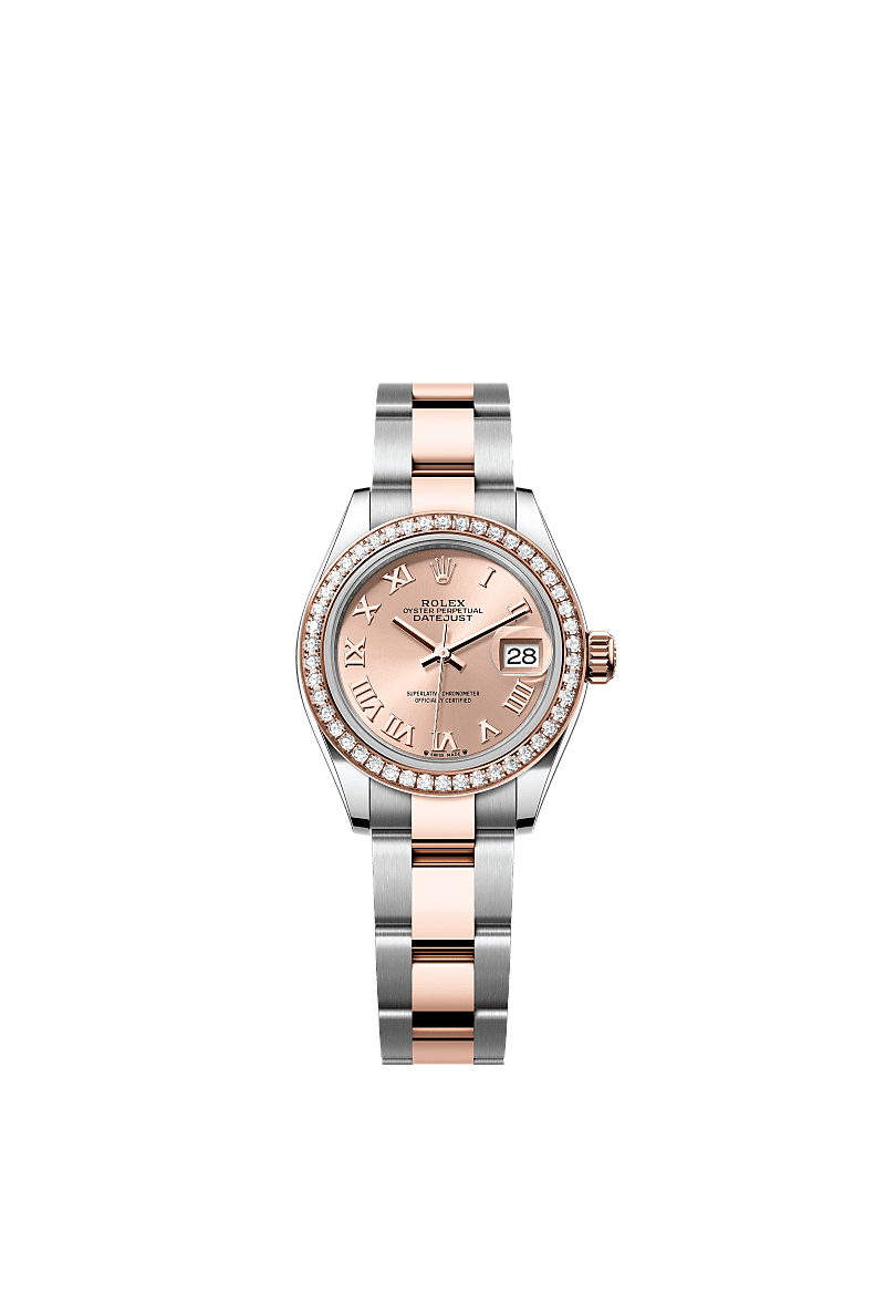 Lady-Datejust, Oyster, 28 mm, Oystersteel, emas Everose dan berlian, Permukaan : Warna Ros, Rolex